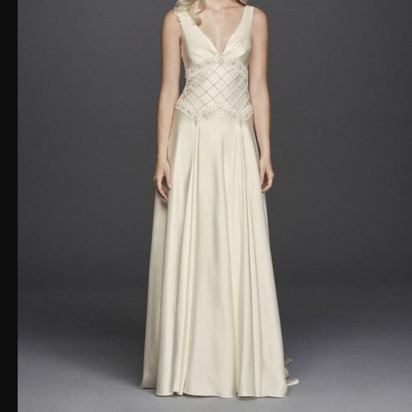 Satin A-Line Lattice Bodice Ivory Wedding Dress - Picture 1 of 9